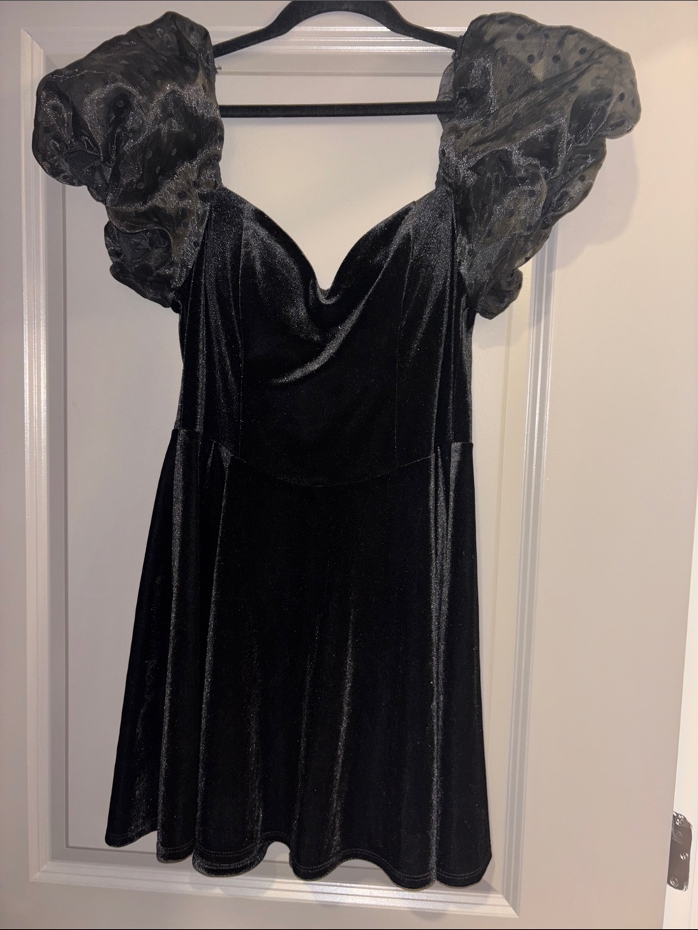 B Darlin Black Velvet Mini Dress with Sheer Puff Sleeves